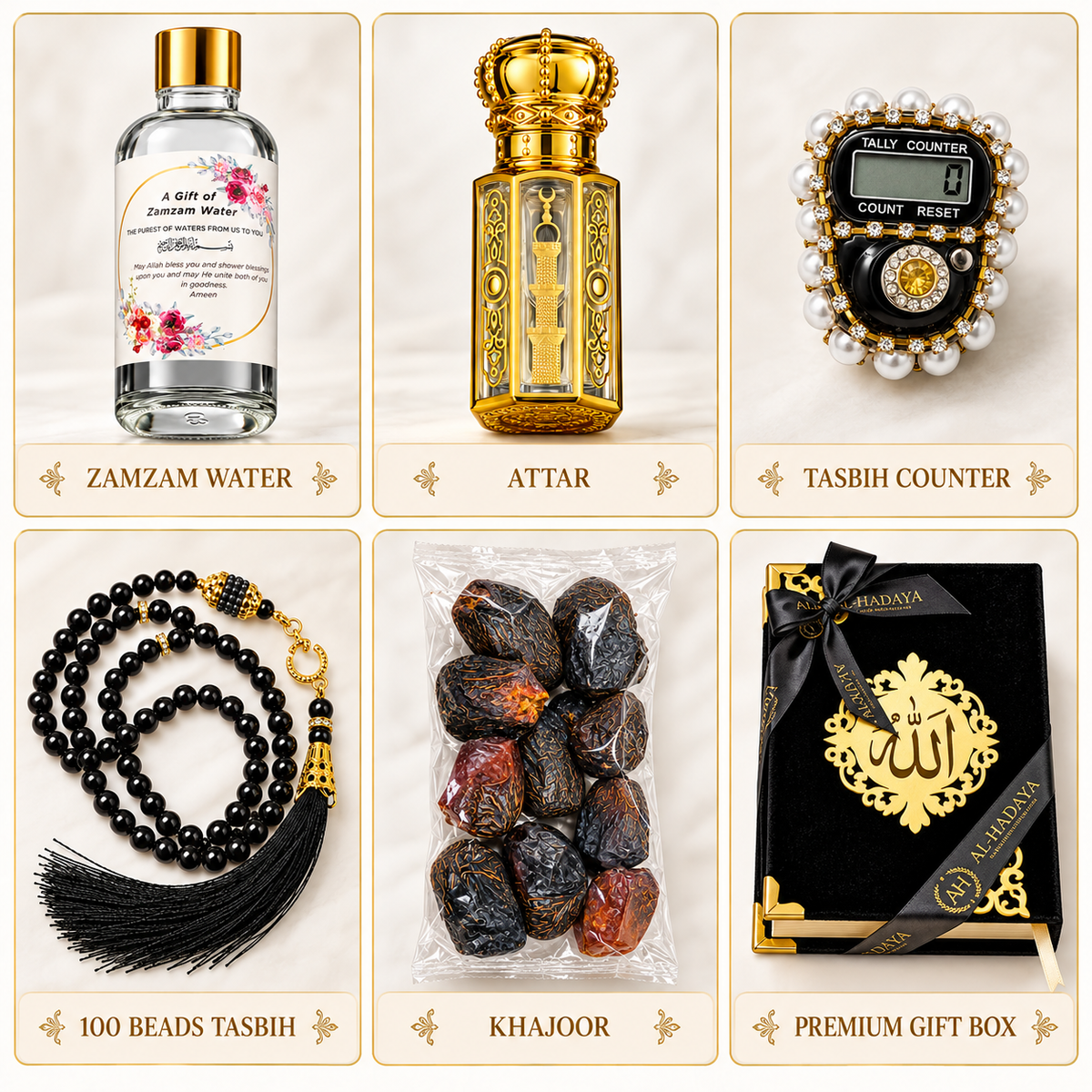 A 2x3 collage showing six packaged products on a light beige fabric background: a bottle of Zamzam water, an ornate gold Attar perfume bottle, a Tasbih counter with pearl trim, a black tassel prayer bead necklace, a clear bag of khajoor dates, and a black premium gift box with gold decoration and ribbon.
