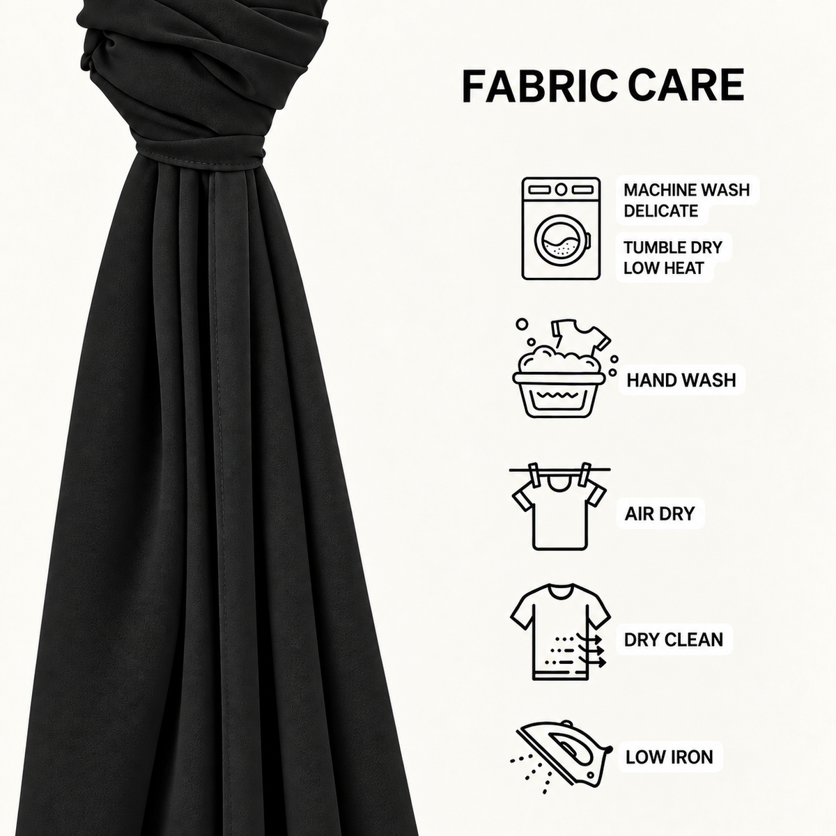 A black fabric curtain panel is shown on the left side, with a 'FABRIC CARE' care chart and icons on the right detailing how to wash and dry it. The background is a solid off-white color.