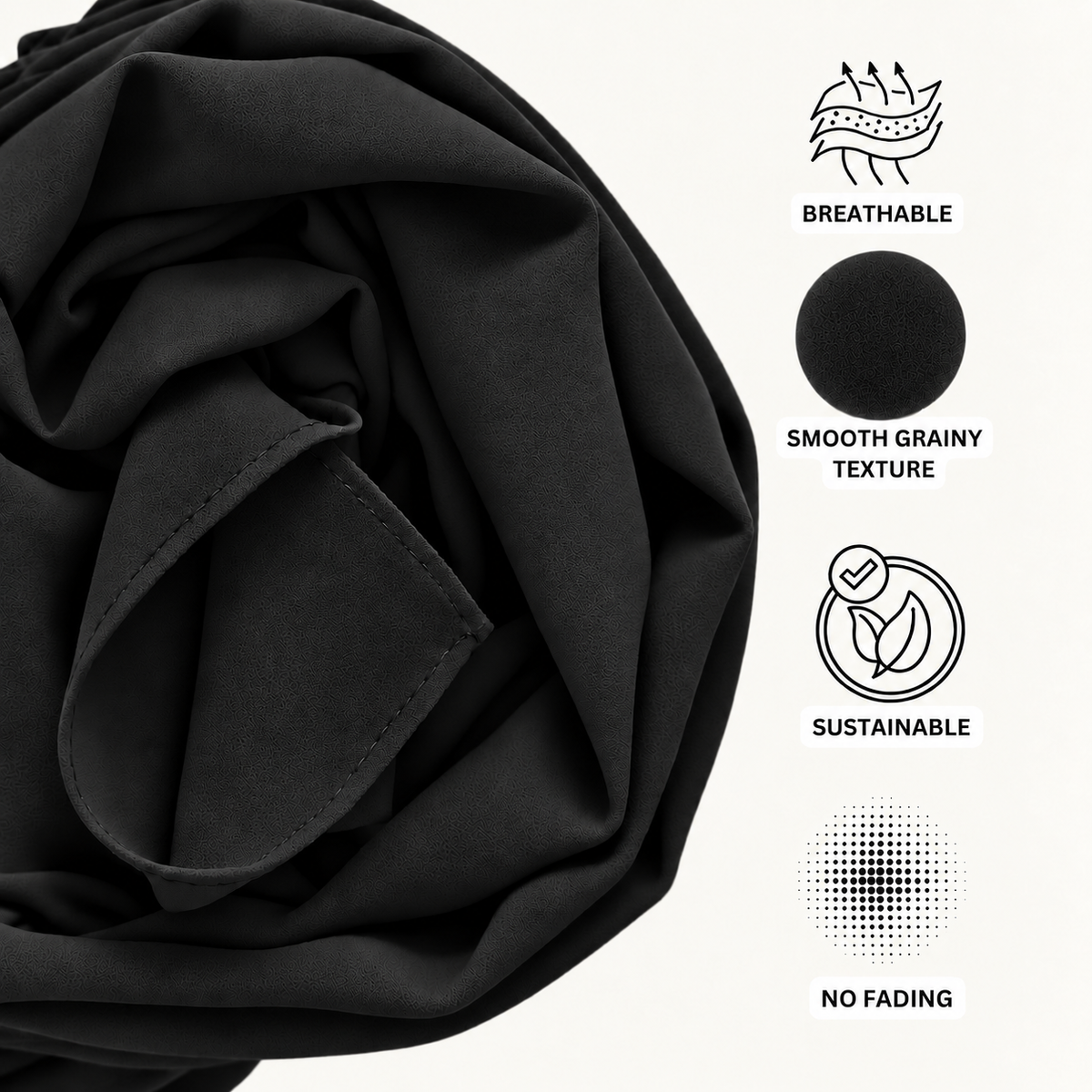 Black fabric shown in a close-up with printed feature icons and text on the right reading 'BREATHABLE', 'SMOOTH GRAINY TEXTURE', 'SUSTAINABLE', and 'NO FADING'.