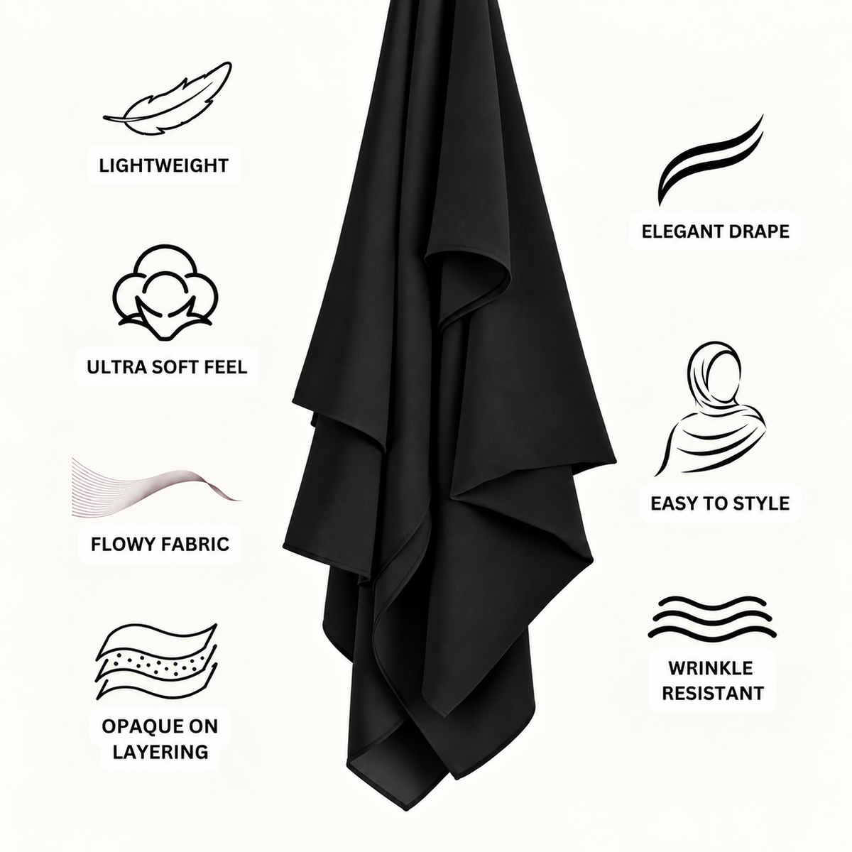 A black draped scarf or hijab is centered on a light off-white background, surrounded by feature icons and text reading Lightweight, Elegant Drape, Ultra Soft Feel, Flowy Fabric, Easy to Style, Opaque on Layering, and Wrinkle Resistant.