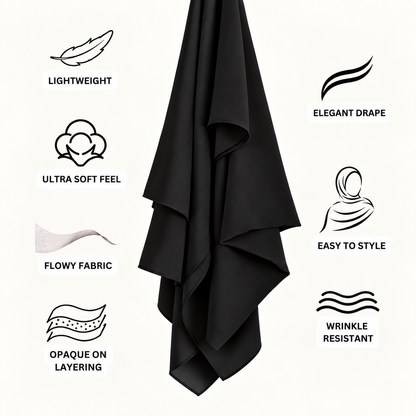 A black draped scarf or hijab is centered on a light off-white background, surrounded by feature icons and text reading Lightweight, Elegant Drape, Ultra Soft Feel, Flowy Fabric, Easy to Style, Opaque on Layering, and Wrinkle Resistant.