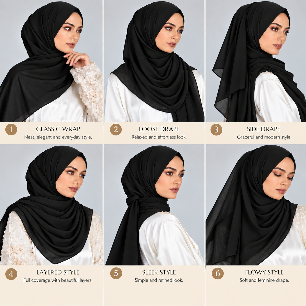 A six-panel comparison graphic showing a model wearing a black hijab in different styles, labeled Classic Wrap, Loose Drape, Side Drape, Layered Style, Sleek Style, and Flowy Style, on a light gray background with beige text boxes.