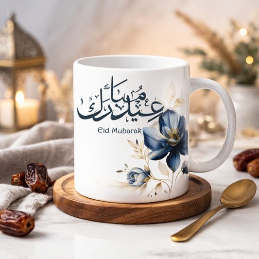 Eid Mubarak Ceramic Mug – Arabic Calligraphy & Blue Floral Art – 350ml