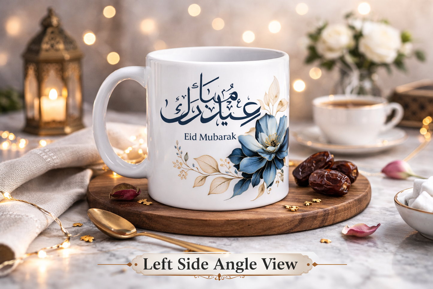 Eid Mubarak Ceramic Mug – Arabic Calligraphy & Blue Floral Art – 350ml