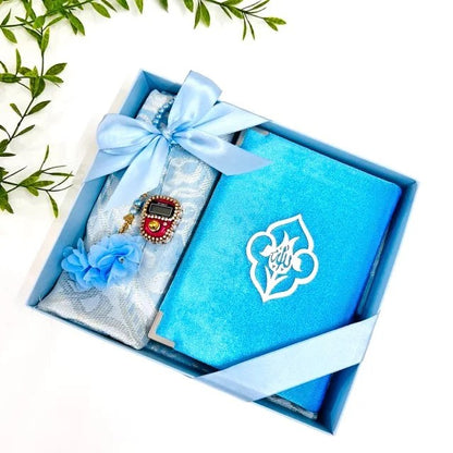blue turkish prayer mat gift set with velvet Quran, pearl tasbih, and digital counter.