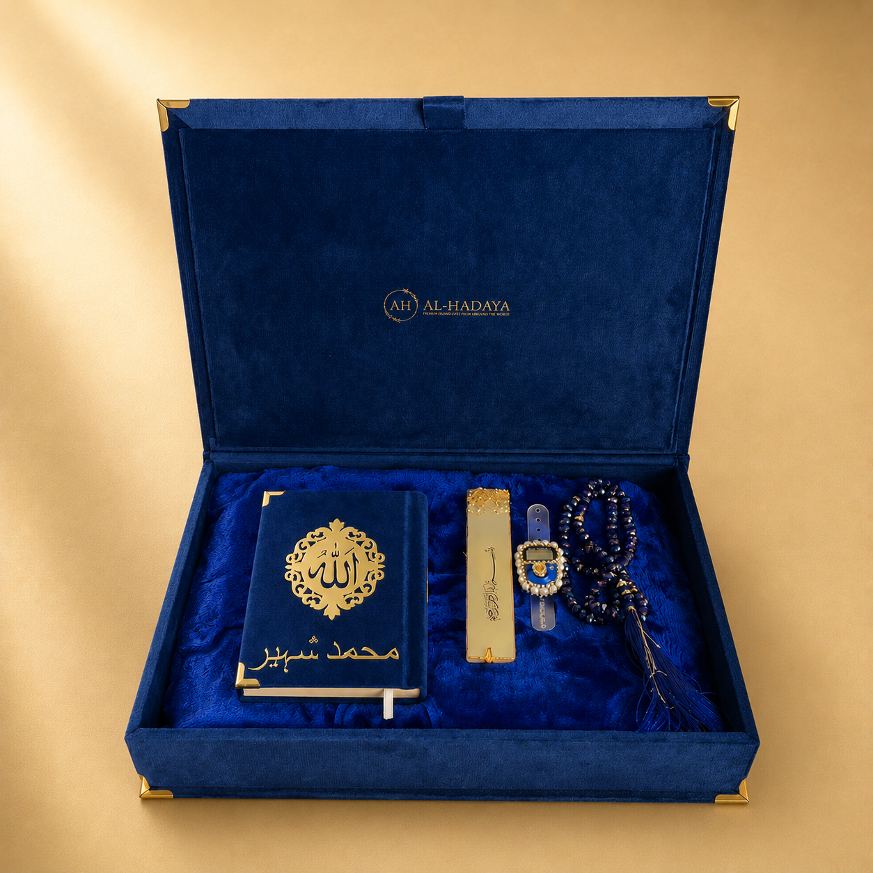Blue velvet box with religious items on a gold background