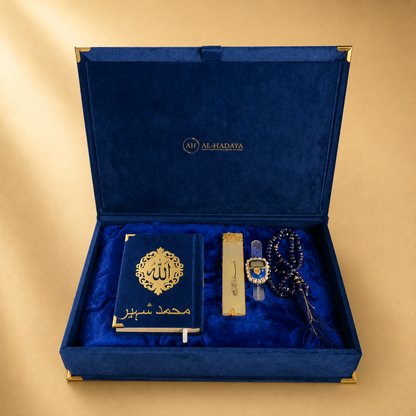 Blue velvet box with religious items on a gold background