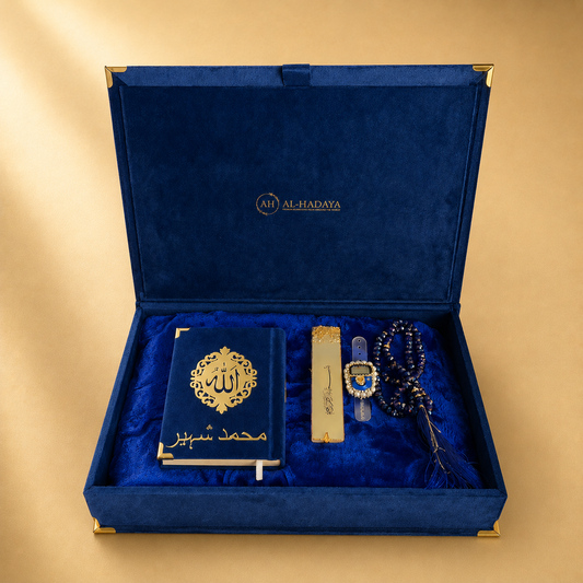 Blue velvet box with religious items on a gold background