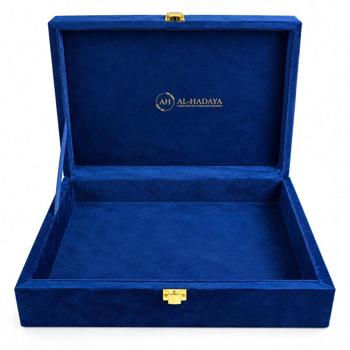 An open royal blue velvet jewelry box with gold-tone latches and a gold 'AL-HADAYA' logo printed on the inside lid, set against a plain white background.