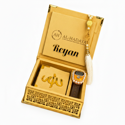 Gold jewelry set with 'Al-Hadaya' branding in a decorative box.