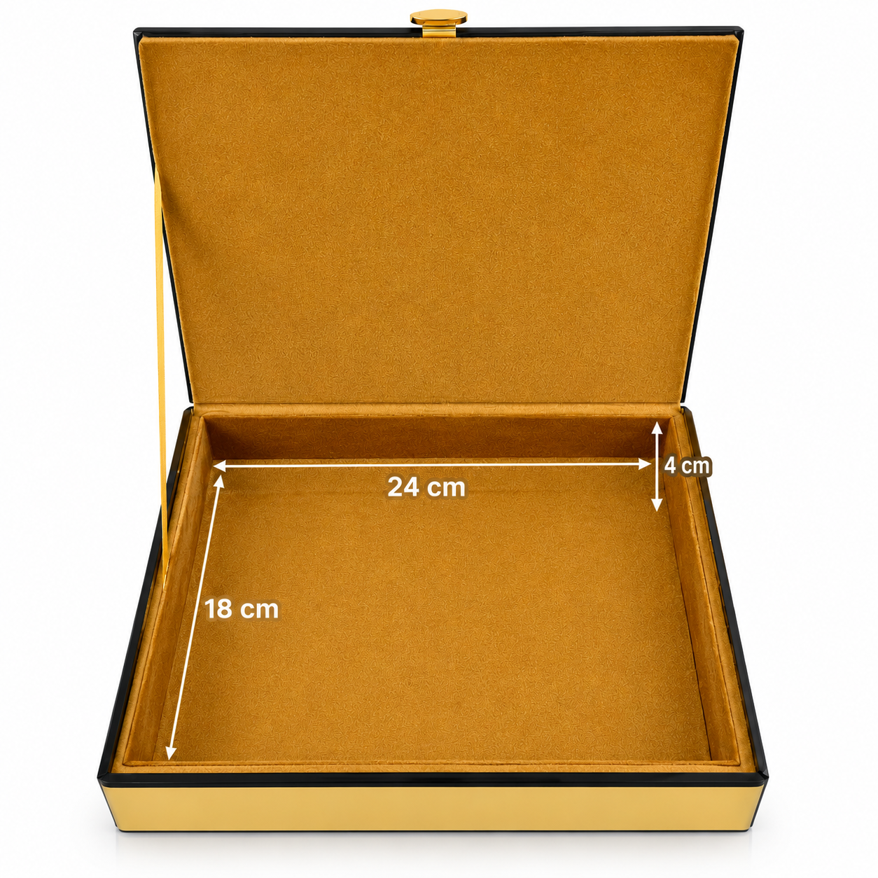 An open rectangular presentation box with a black exterior and a gold-foiled interior, shown with white dimension arrows and labels indicating 24 cm length, 18 cm depth, and 4 cm height.