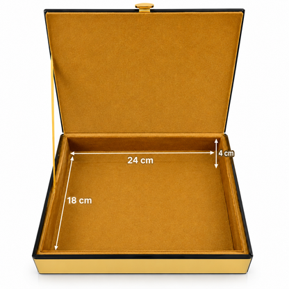 An open rectangular presentation box with a black exterior and a gold-foiled interior, shown with white dimension arrows and labels indicating 24 cm length, 18 cm depth, and 4 cm height.