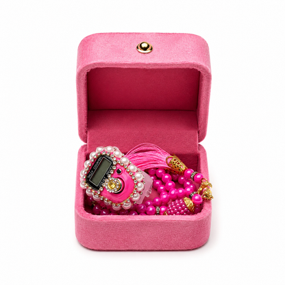 Pink box set with digital watch and beads in a pink