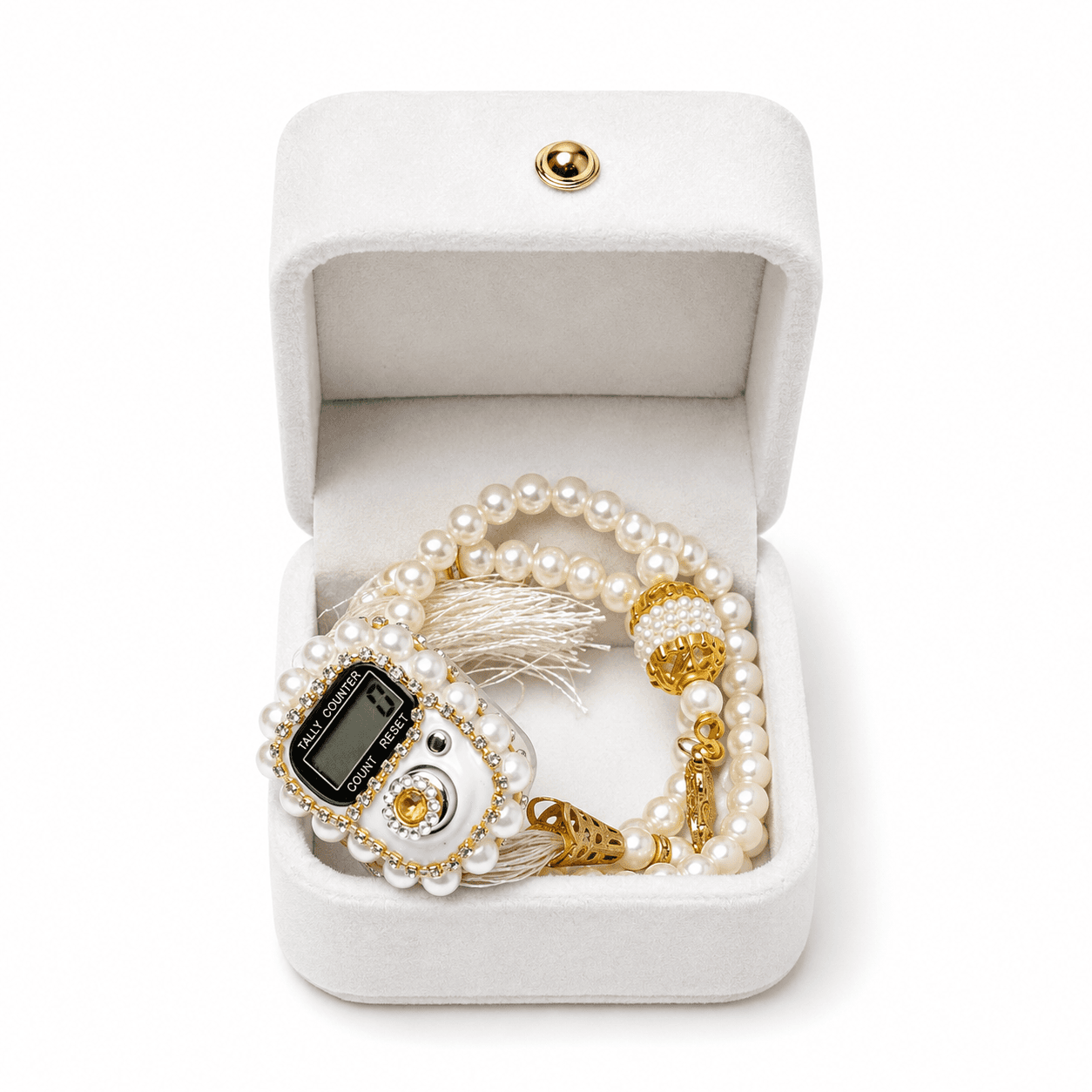 Royal White Pearl Tasbih Set with Allah Emblem Box.