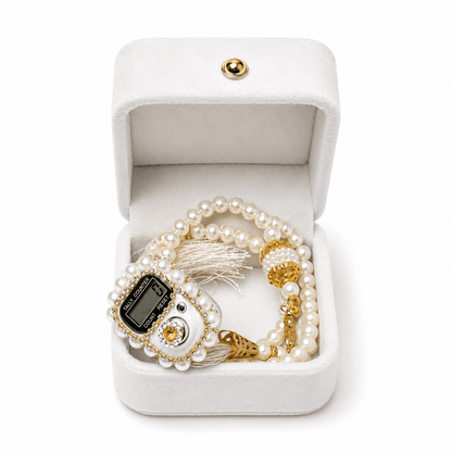 Royal White Pearl Tasbih Set with Allah Emblem Box.
