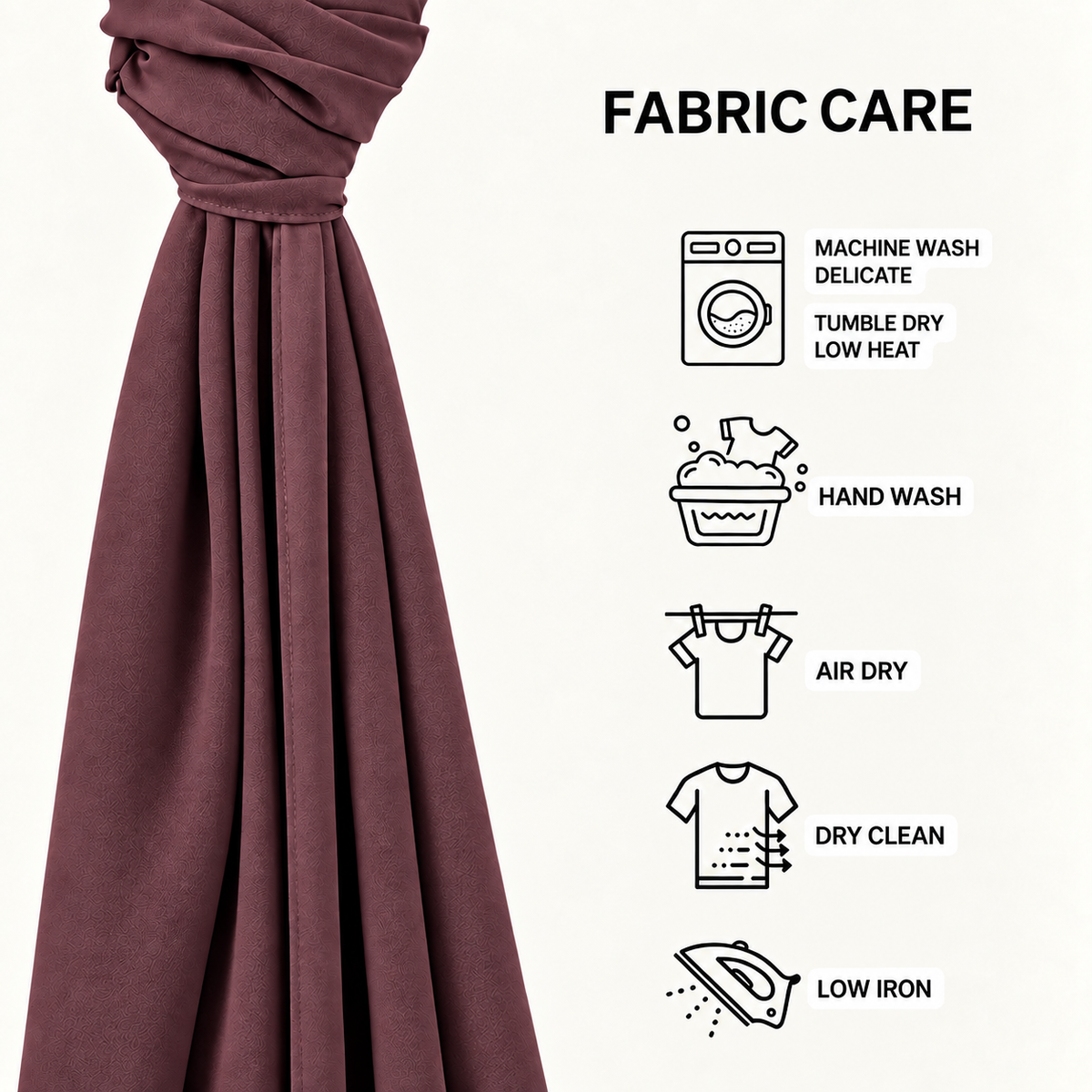 A close-up of a draped dusty burgundy fabric next to a 'FABRIC CARE' infographic on a white background, detailing care instructions with icons and text.