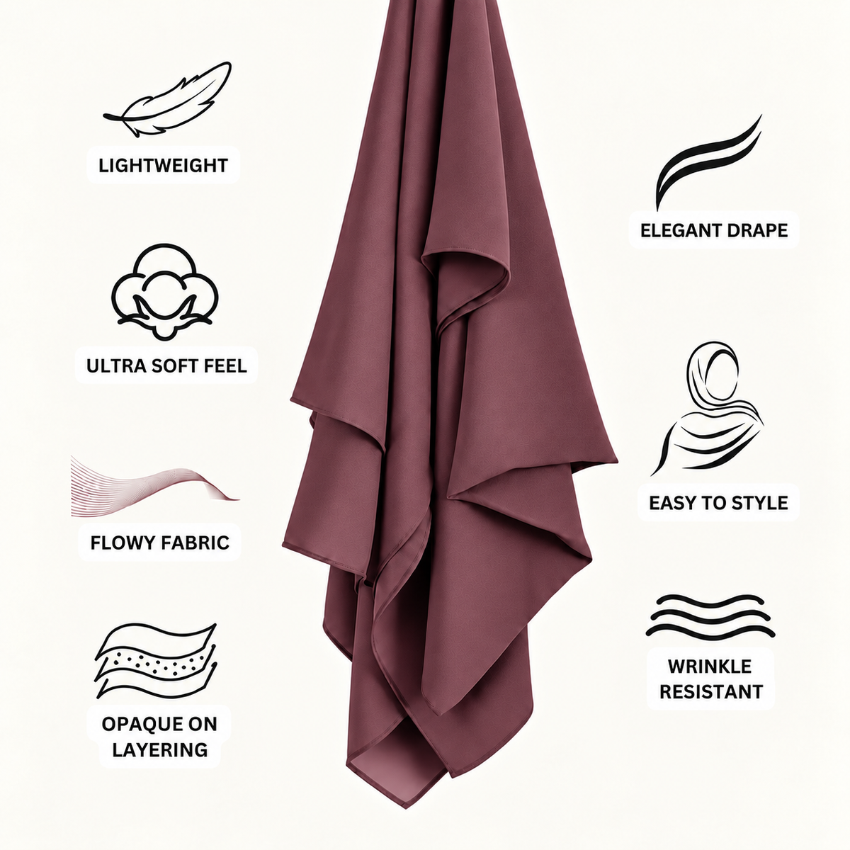 A black draped scarf or hijab is centered on a light off-white background, surrounded by feature icons and text reading Lightweight, Elegant Drape, Ultra Soft Feel, Flowy Fabric, Easy to Style, Opaque on Layering, and Wrinkle Resistant.