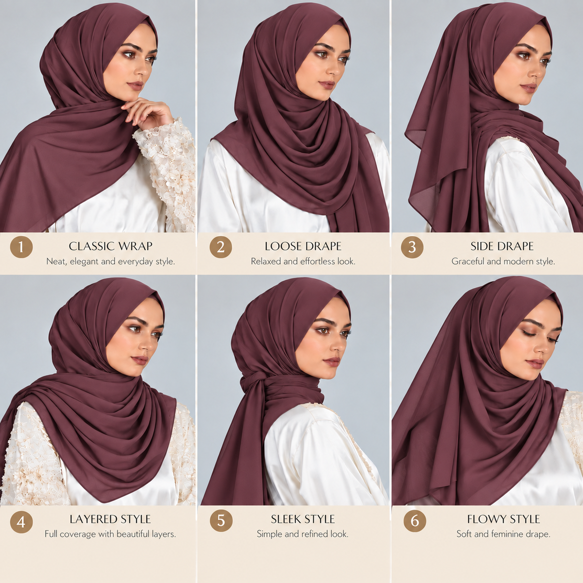 A six-panel comparison graphic showing a model wearing a deep plum-brown hijab in six different styles, labeled Classic Wrap, Loose Drape, Side Drape, Layered Style, Sleek Style, and Flowy Style, against a light gray background.