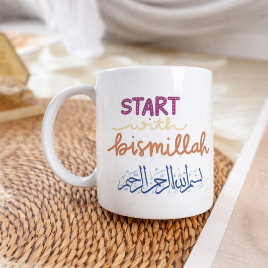 Start With Bismillah Mug – Islamic Arabic Calligraphy Ceramic Cup 350ml