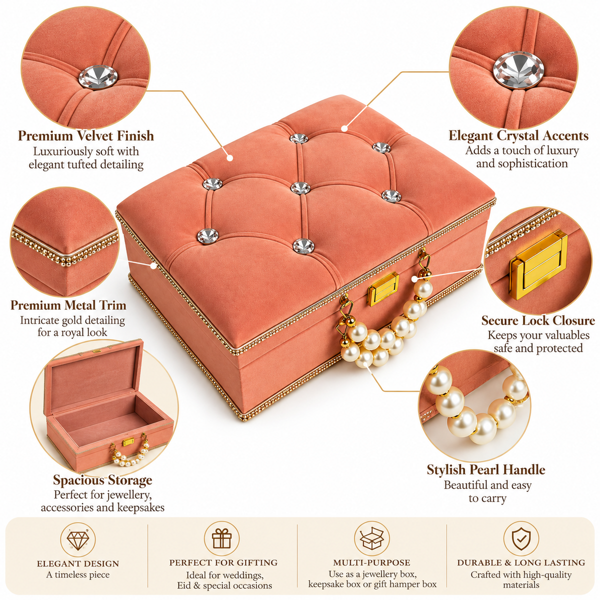 A peach velvet jewelry box with tufted pockets, crystal accents, gold-tone trim, and pearl handles, shown with callout labels describing features such as premium velvet finish, crystal accents, metal trim, secure lock closure, spacious storage, and pearl handle.