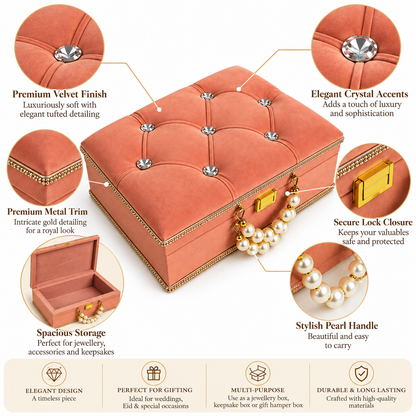 A peach velvet jewelry box with tufted pockets, crystal accents, gold-tone trim, and pearl handles, shown with callout labels describing features such as premium velvet finish, crystal accents, metal trim, secure lock closure, spacious storage, and pearl handle.