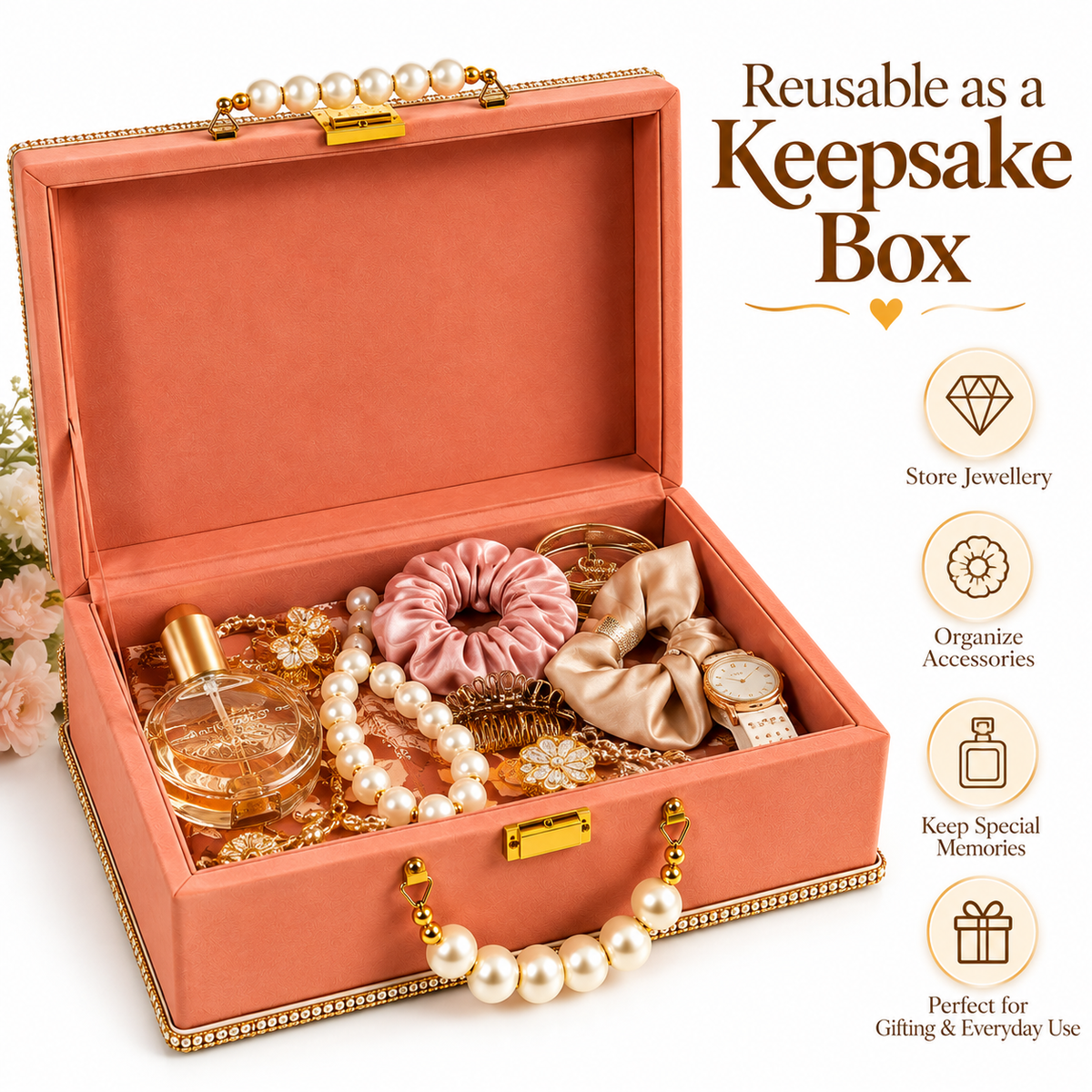 An open dusty pink velvet keepsake box with gold trim, filled with jewelry and accessories, shown on a white background with text and icons highlighting its features.