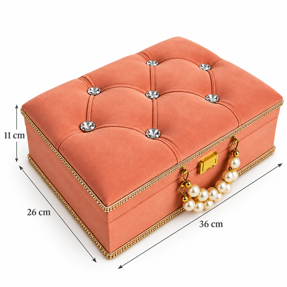 A square coral-pink velvet jewelry box with tufted button details, gold trim, a pearl handle, and a gold clasp, shown on a white background with dimension labels indicating 36 cm length, 26 cm width, and 11 cm height.