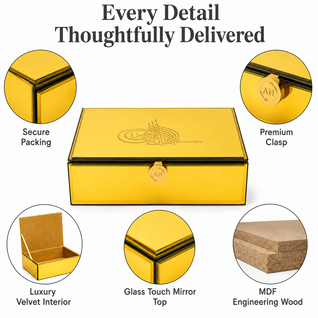 A gold-colored rectangular storage box with a glass touch mirror top and clasp closure, shown on a white background with five circular callout insets highlighting features such as secure packing, premium clasp, velvet interior, glass touch mirror top, and MDF engineering wood construction. The main image includes the headline 'Every Detail Thoughtfully Delivered'.
