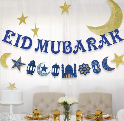 Eid Mubarak Banner Decoration Blue Glitter Star and Moon Garland Ramadan Hajj Mubarak Decorations for Home Table Muslim Islamic Party Decoration