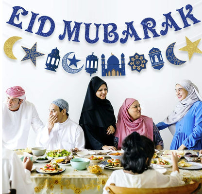 Eid Mubarak Banner Decoration Blue Glitter Star and Moon Garland Ramadan Hajj Mubarak Decorations for Home Table Muslim Islamic Party Decoration