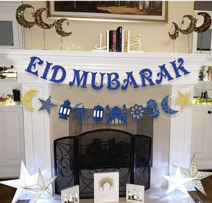 Eid Mubarak Banner Decoration Blue Glitter Star and Moon Garland Ramadan Hajj Mubarak Decorations for Home Table Muslim Islamic Party Decoration