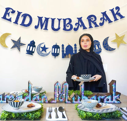 Eid Mubarak Banner Decoration Blue Glitter Star and Moon Garland Ramadan Hajj Mubarak Decorations for Home Table Muslim Islamic Party Decoration