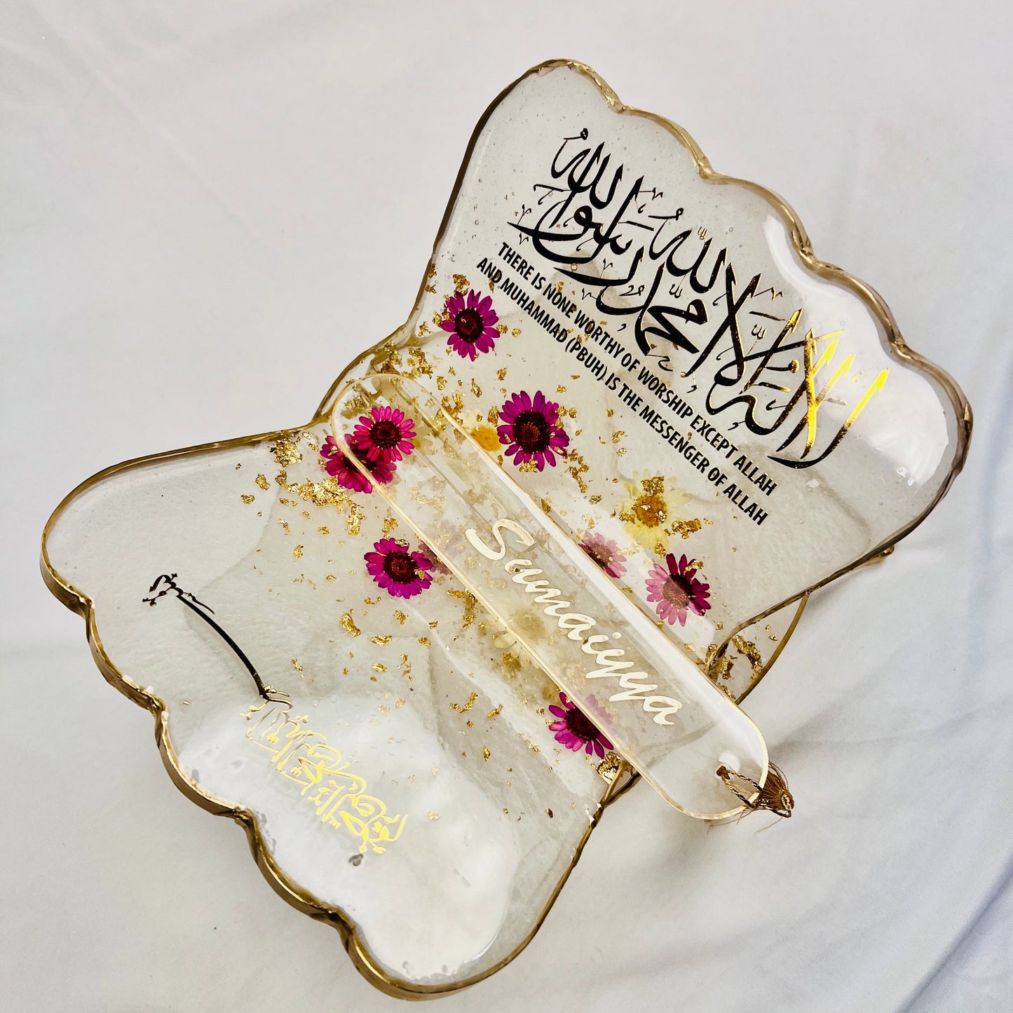 Premium Resin Art Quran Stand (Rehal)|Dried Flowers & Gold Flakes - Islamic Gift | Quran Holder with Pressed Flowers