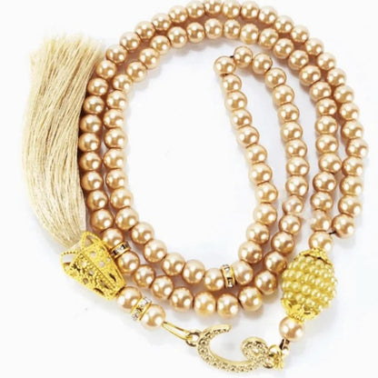 golden 99-Bead Pearl Tasbeeh Set from Turkey. Perfect Islamic gifts and favors