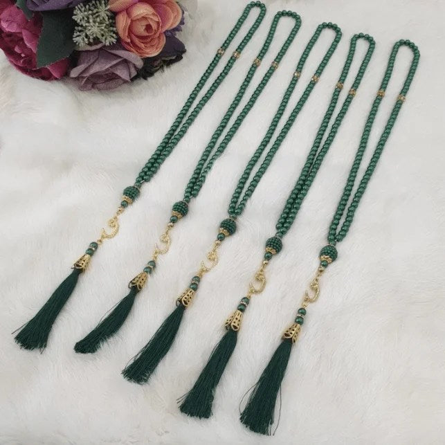 green pearl turkish tasbeeh 99-bead pearl tasbih set for Eid, Ramadan, or wedding favors.