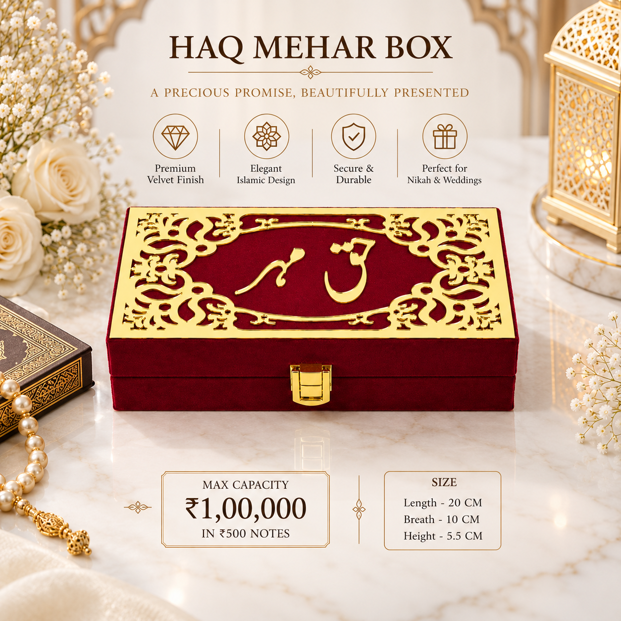 A red velvet and gold HAQ MEHAR box with ornate Arabic calligraphy on the lid, displayed on a marble surface with decorative flowers, pearls, and a lantern. Text overlays describe the box's features, capacity, and dimensions.