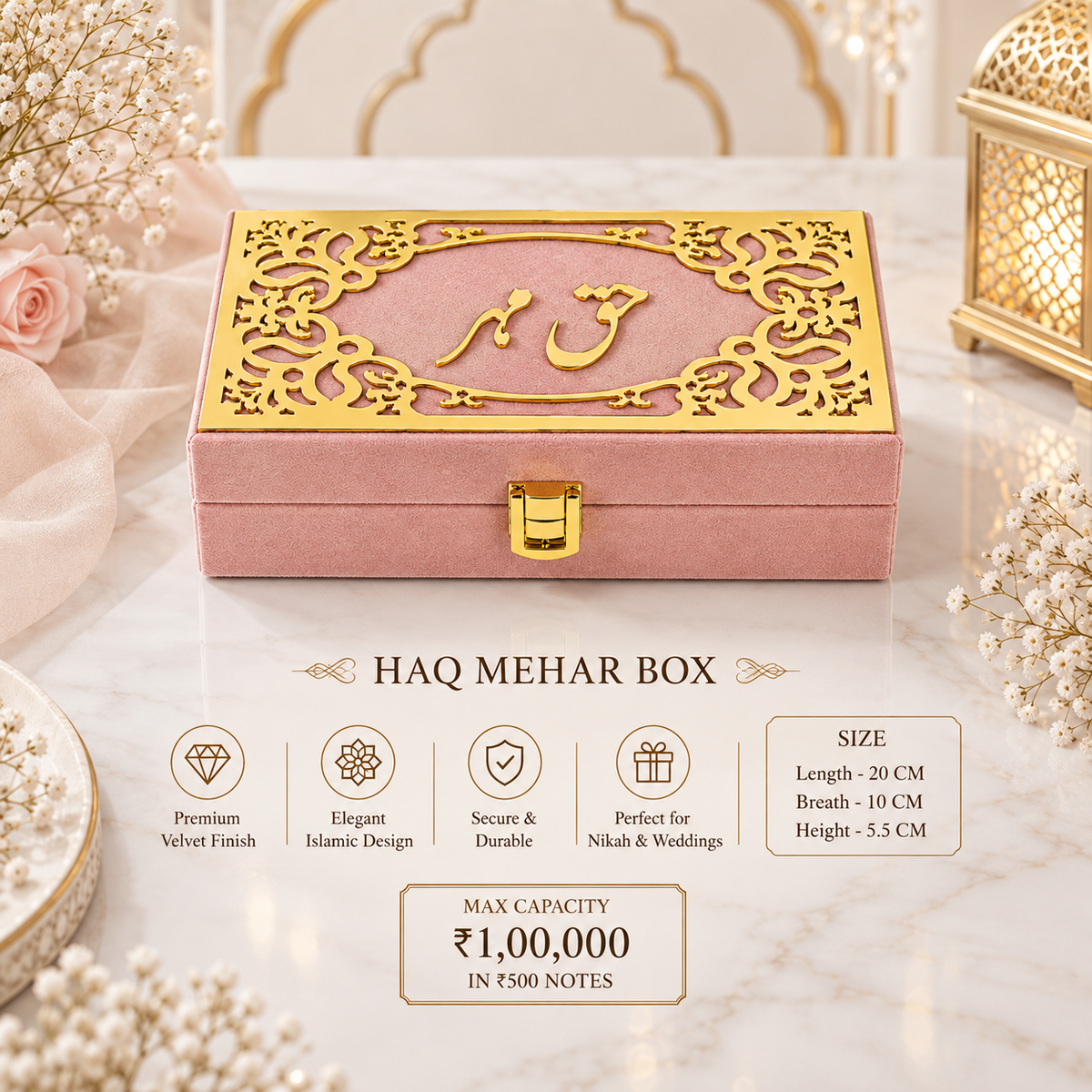 A pink velvet HAQ MEHAR BOX with an ornate gold laser-cut lid featuring Arabic calligraphy, displayed on a marble surface with decorative floral props. The image includes feature callouts and size information below the product.