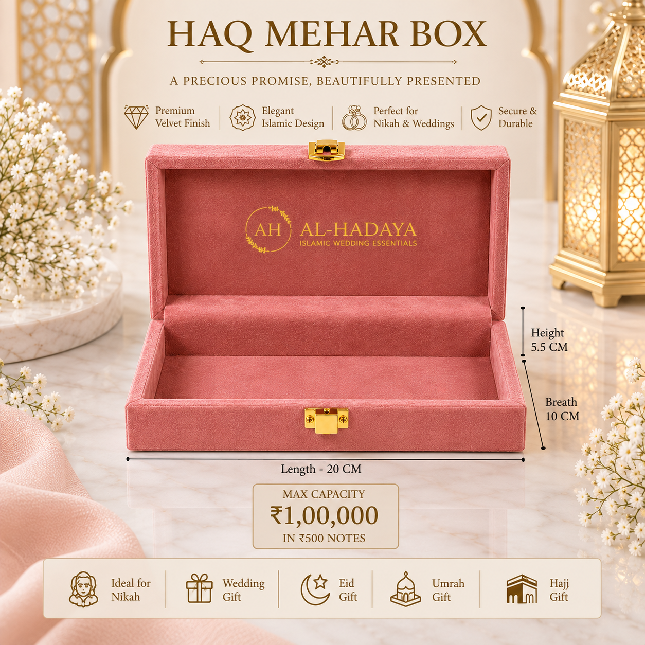 An open pink velvet Haq Mehar Box by Al-Hadaya, shown on a marble surface with decorative floral arrangements and gold lanterns. The image includes printed dimensions, capacity details, and feature icons around the product.