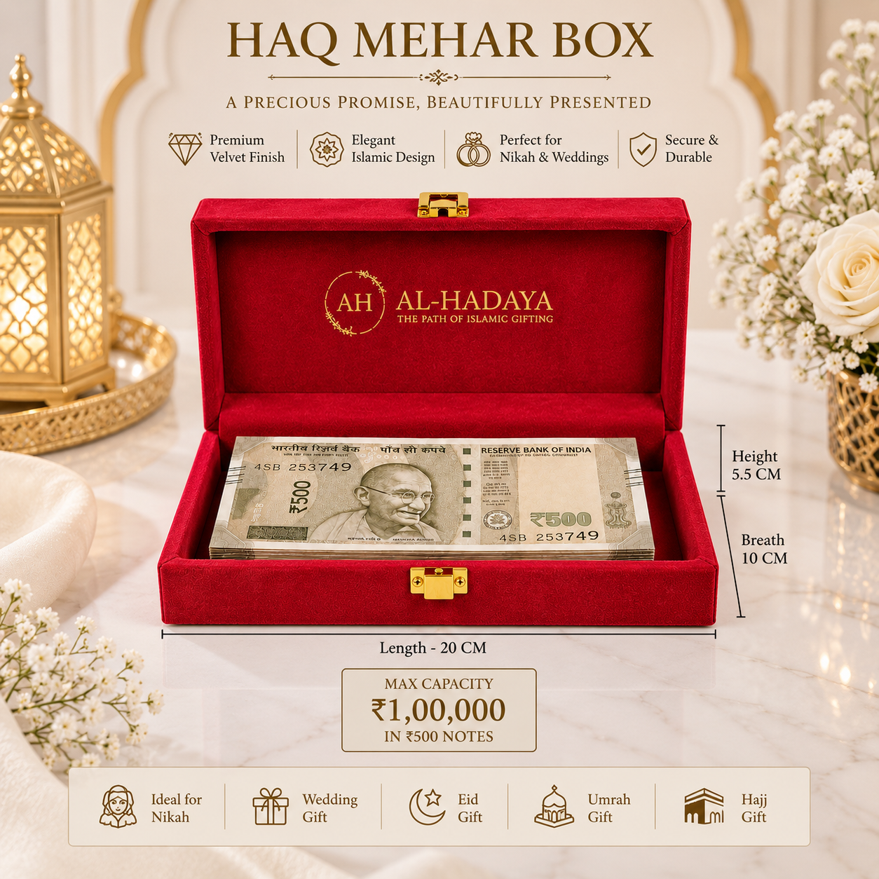 An open red velvet HAQ MEHAR box by Al-Hadaya, displaying a stack of Indian Rupee notes inside, with decorative wedding props like a brass lantern and white roses in the background. Measurement and feature callouts are overlaid on the image.