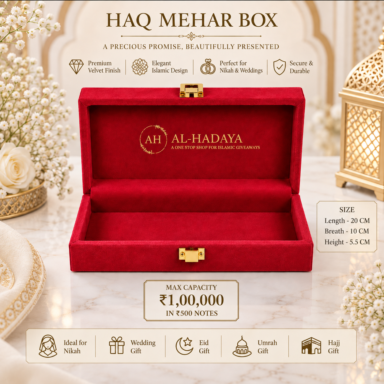 An open red velvet Haq Mehar Box by Al-Hadaya, displayed on a marble surface with decorative floral and lantern props. The box features gold hardware, a gold-foiled logo on the interior, and promotional text highlighting its size, capacity, and suitability for weddings, Eid, Umrah, and Hajj.
