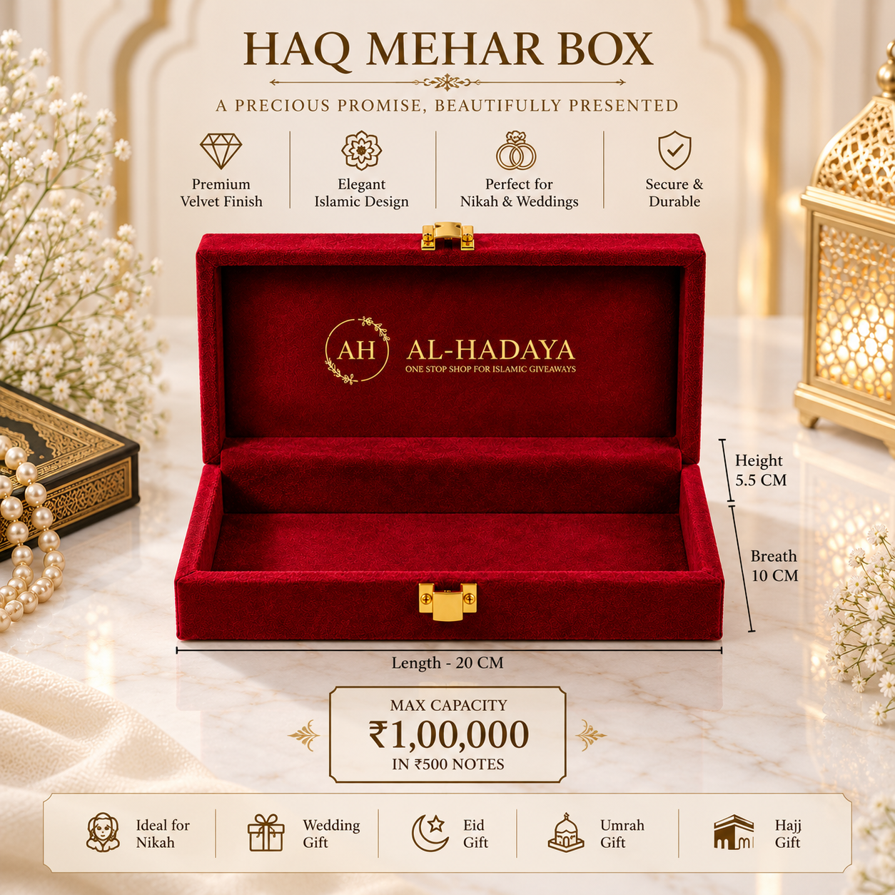 An open red velvet Haq Mehar Box by Al-Hadaya with gold hardware, shown on a marble surface with decorative lanterns, pearls, and baby's breath. The image includes product dimensions, capacity details, and feature icons with text.
