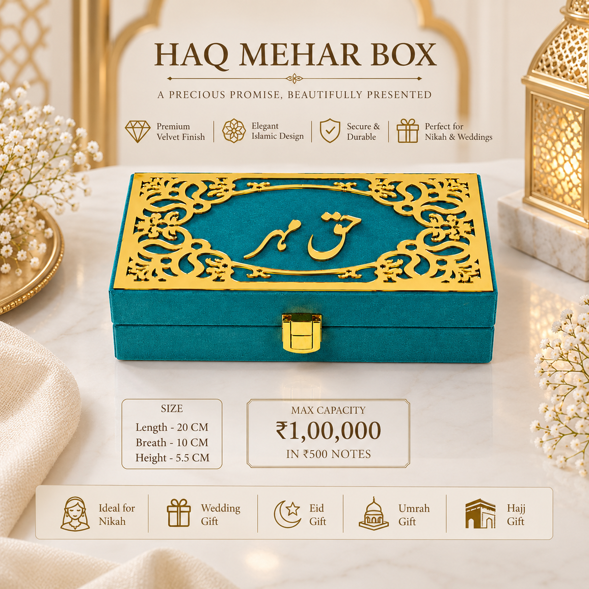 A teal velvet Haq Mehar box with ornate gold laser-cut borders and Arabic calligraphy on the lid, displayed on a white marble surface with decorative gold lanterns and white flowers. Text overlays describe the box's premium velvet finish, Islamic design, secure clasp, and specifications including size and max capacity.