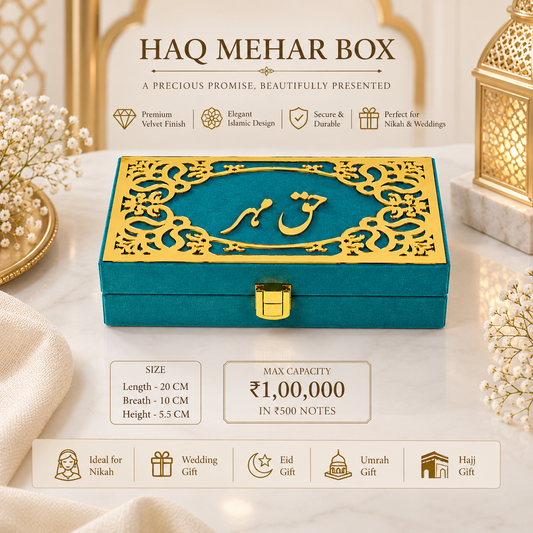 A teal velvet Haq Mehar box with ornate gold laser-cut borders and Arabic calligraphy on the lid, displayed on a white marble surface with decorative gold lanterns and white flowers. Text overlays describe the box's premium velvet finish, Islamic design, secure clasp, and specifications including size and max capacity.