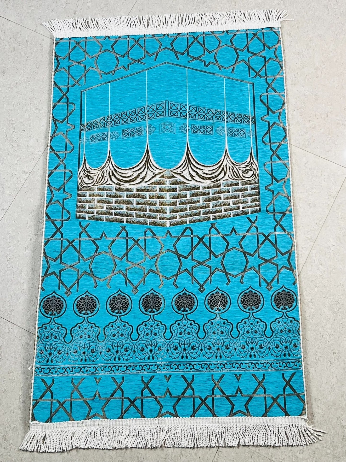 Turkish Islamic Prayer Mat | Kaaba Design Prayer Rug Janamaz - Turquoise Blue