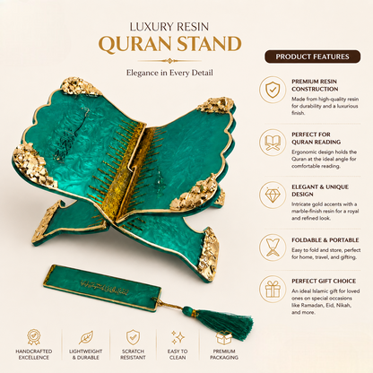 Premium Emerald Green Resin Art Quran Stand (Rehal) with Matching Bookmark