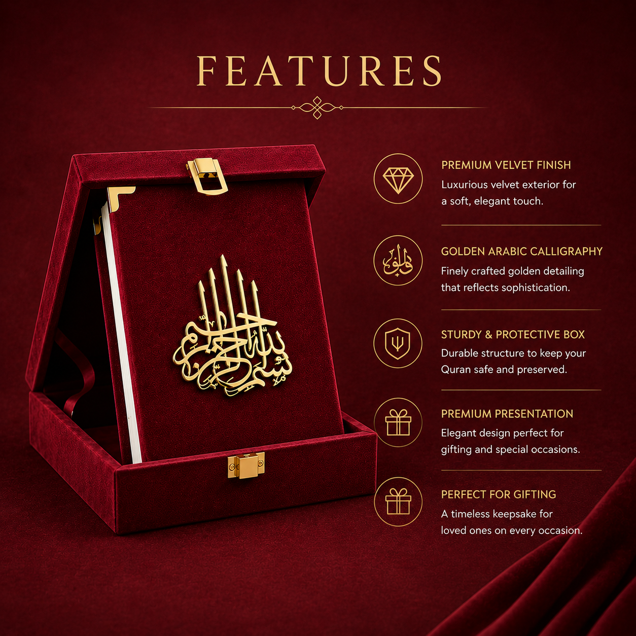 A gold Quran calligraphy plaque displayed inside an open dark red velvet presentation box, with a 'FEATURES' text panel listing product benefits on a matching dark red background.