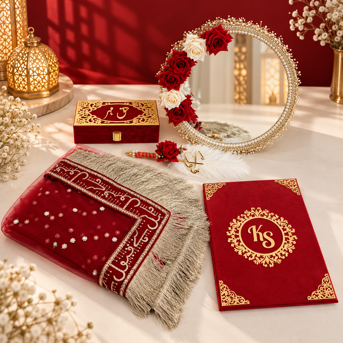 A styled flat-lay of a red and gold Islamic prayer rug alongside a matching red monogrammed prayer mat, a red velvet box with gold detailing, and a decorative mirror adorned with red and white roses on a white surface against a deep red background.