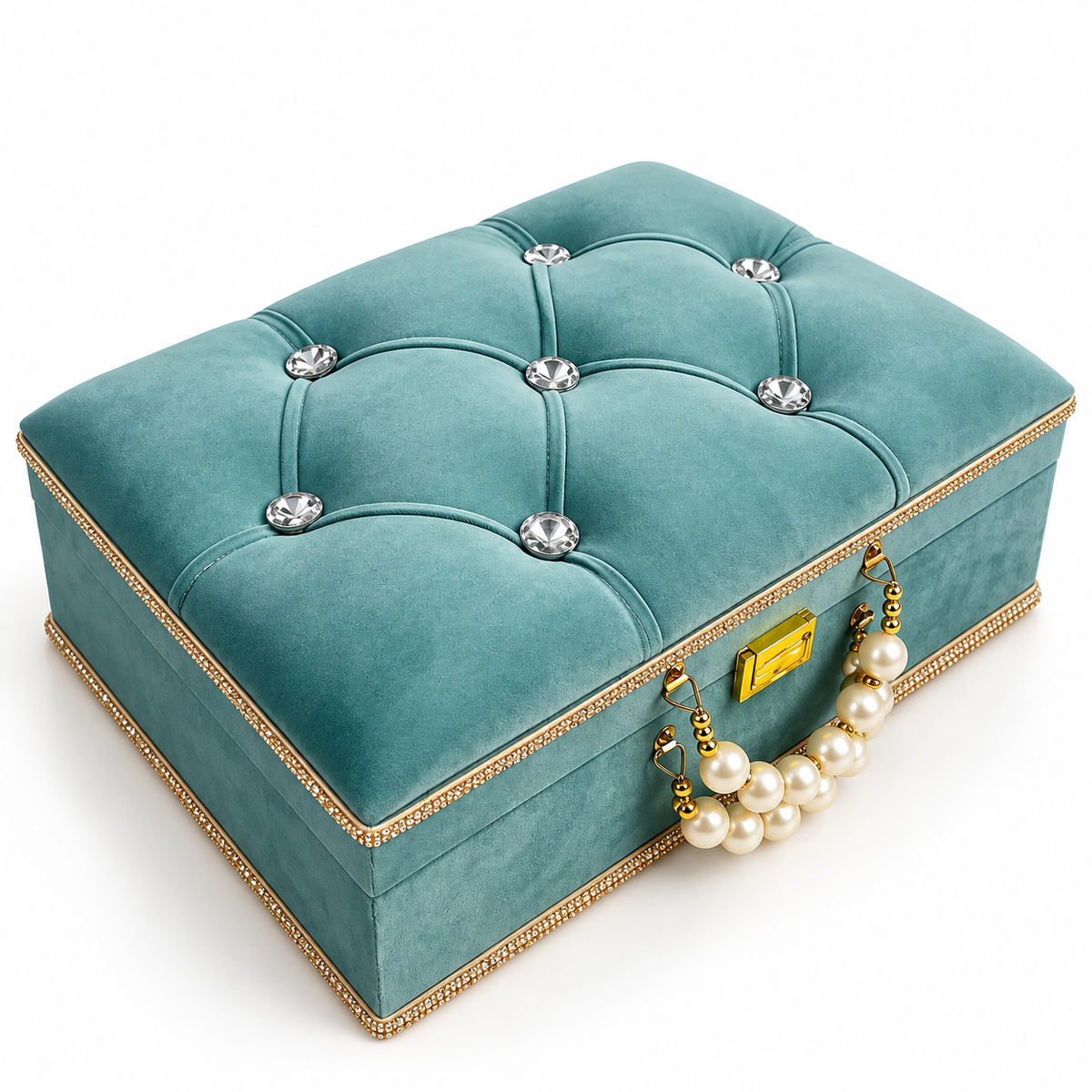 A square teal velvet jewelry box with tufted button details, crystal-like rhinestone accents, a gold-tone clasp, and a pearl handle, shown on a clean white background.