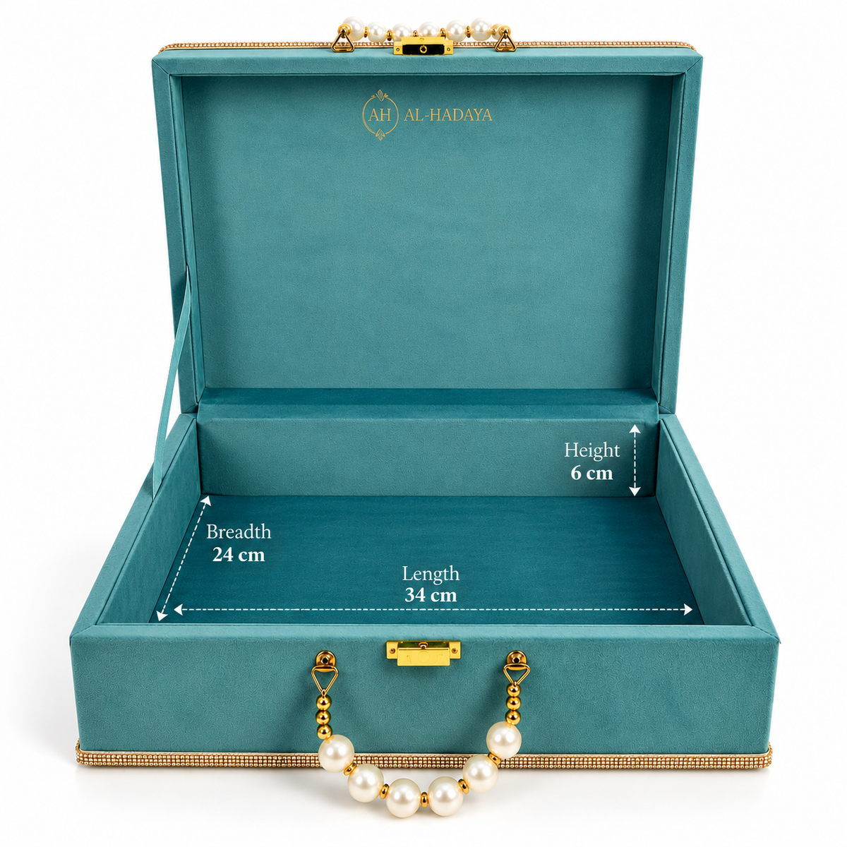 An open teal velvet jewelry box with gold trim and a pearl-and-gold chain handle, shown on a white background with overlaid interior dimensions labeled length 34 cm, breadth 24 cm, and height 6 cm.