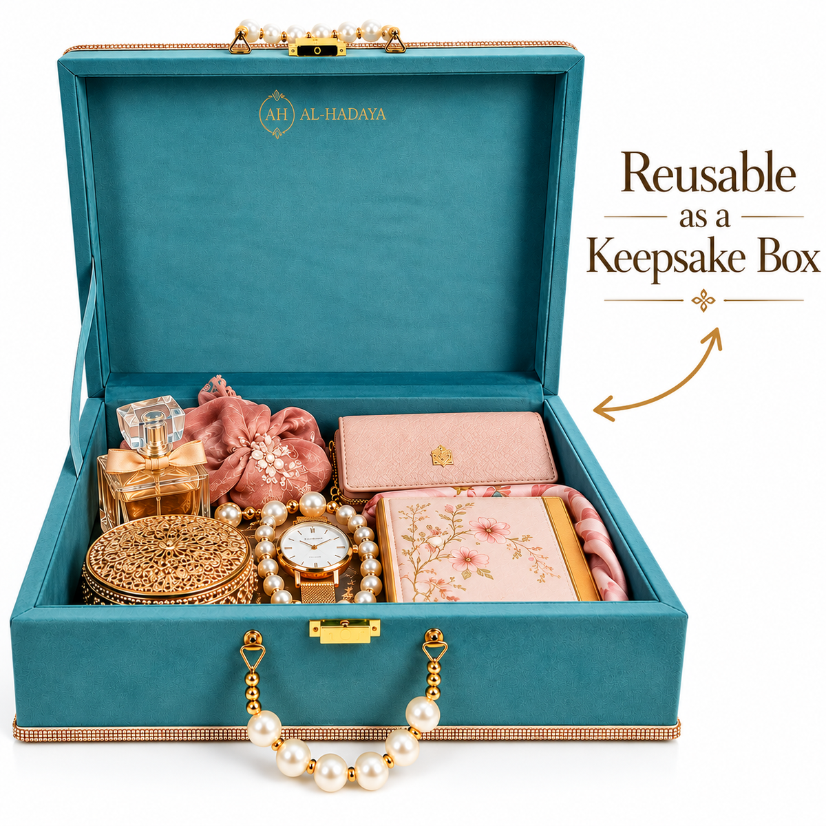An open teal velvet keepsake box with gold-tone hardware, shown filled with jewelry and accessories. The box lid has the brand name 'AL-HADAYA' printed inside, and text on the right reads 'Reusable as a Keepsake Box' with an arrow pointing to the box.